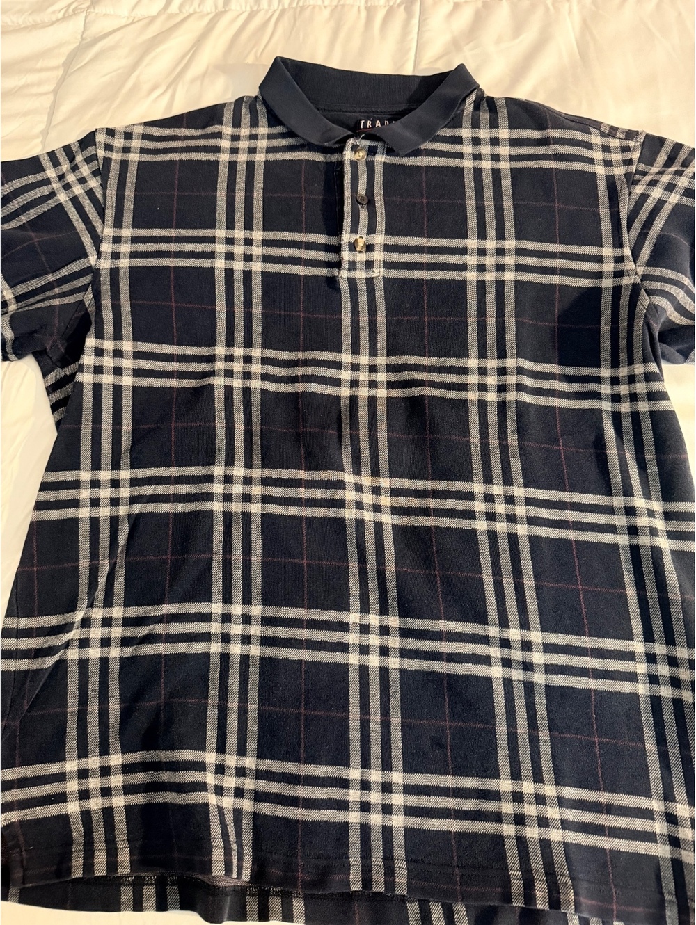 Trader Bay Men's Long Sleeve Polo Shirt Navy Plaid 100% Coty